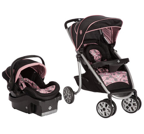 pink and grey car seat and stroller